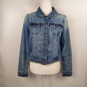 Prana Jean Jacket Blue Denim Stretch Distressed Trucker Metal Buttons
